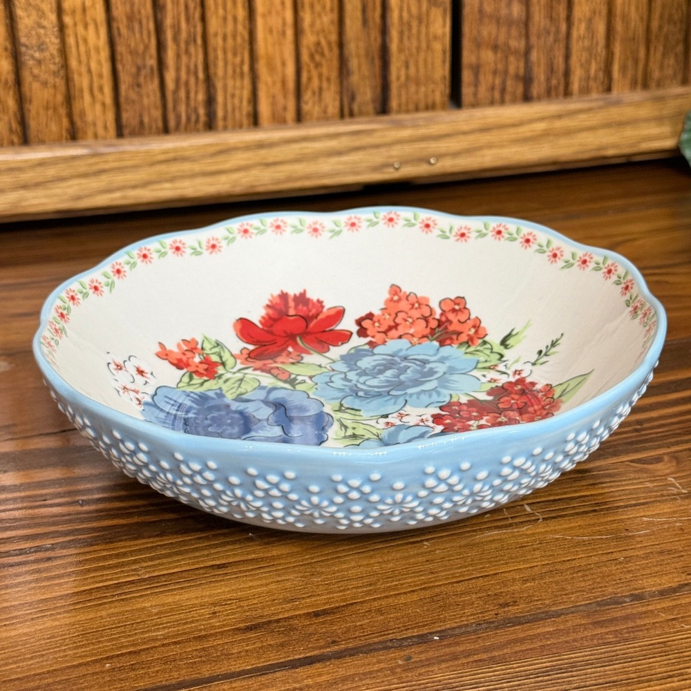 Pioneer Woman Pasta Bowl 7.5in Blue NEW Classic Charm Floral Stoneware PWF096881